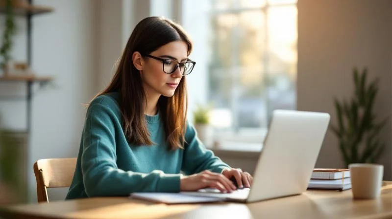 Frau recherchiert Weiterbildungen am Laptop in einer Nürnberger Altbauwohnung